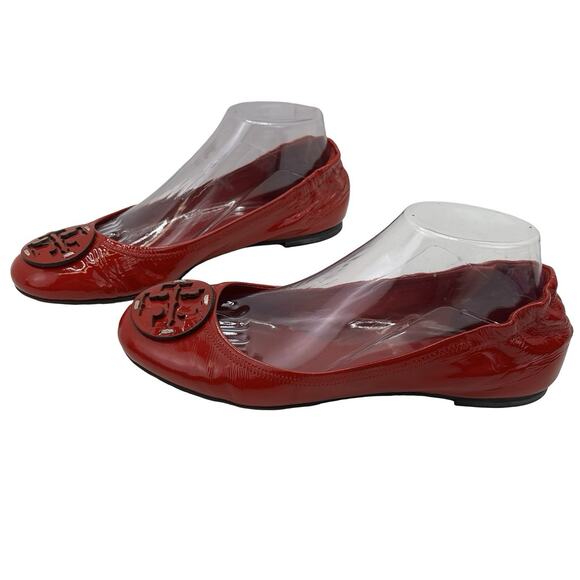 Tory Burch Red Patent Leather Ballet Flats Size 8M Logo Toe Brazil - Picture 1 of 13